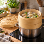 Bild in der Galerie öffnen: Anwendungsbeispiel: Bambusdämpfer Ø 25 cm mit Dim Sum auf einem Topf – Speisen und Zubehör nicht enthalten