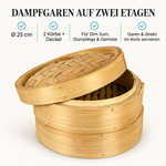 Bild in der Galerie öffnen: Bambusdämpfer Ø 25 cm: zwei Körbe mit Deckel für Dim Sum, Dumplings und Gemüse – garen und direkt im Korb servieren