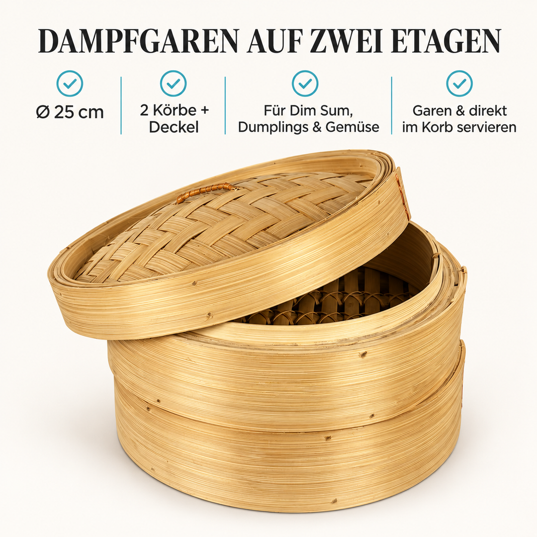Bambusdämpfer Ø 25 cm: zwei Körbe mit Deckel für Dim Sum, Dumplings und Gemüse – garen und direkt im Korb servieren