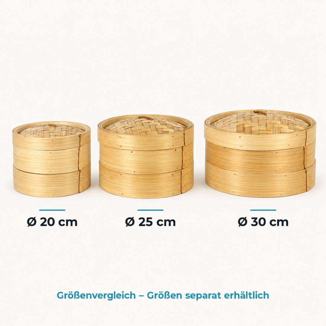 Größenvergleich der Bambusdämpfer: links Ø 20 cm, mittig Ø 25 cm und rechts Ø 30 cm – Größen separat erhältlich
