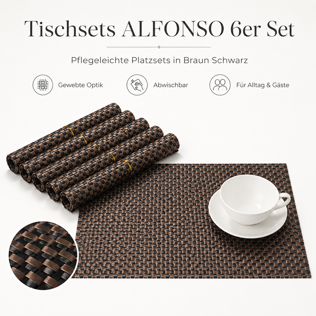Tischsets ALFONSO 6er Set Braun Schwarz aus gewebtem PVC