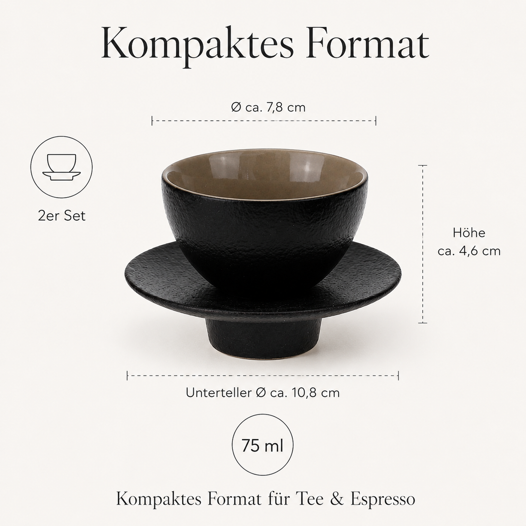 Teetasse "Ayame" mit Unterteller Schwarz – 2er Set für Tee & Espresso