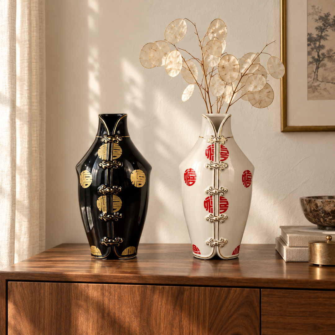 Chinoiserie-Porzellanvase in Schwarz-Gold und Weiß-Rot-Gold gemeinsam auf einem Sideboard – Dekorationsbeispiel, Vasen einzeln erhältlich