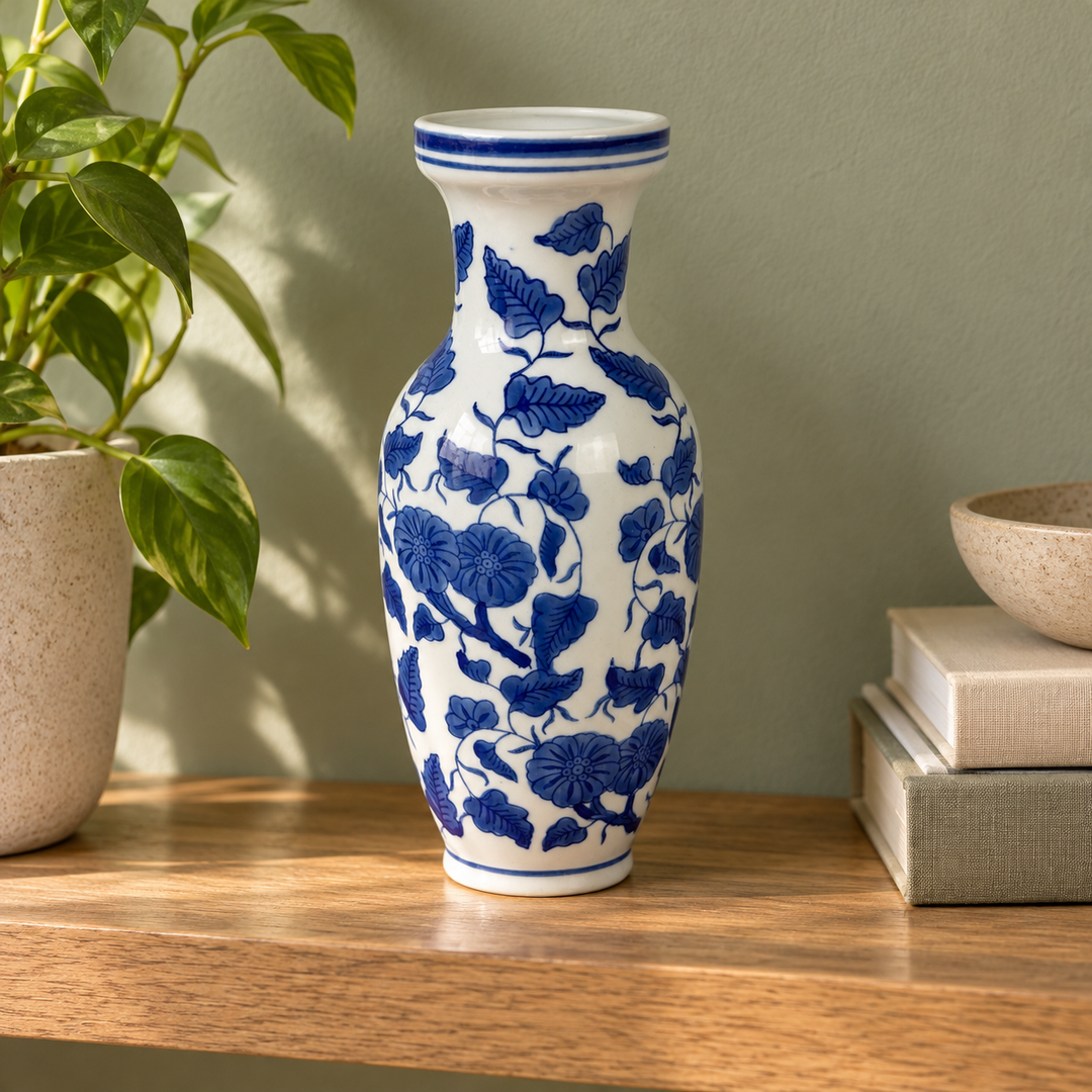 Blau-weiße Chinoiserie-Vase als Dekoration im Regal
