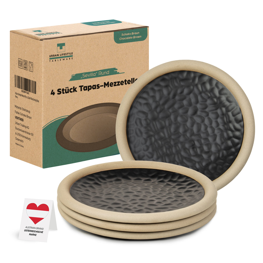 4er Set Dessertteller Ø15,5 cm aus Steingut in Anthrazit mit sandfarbenem Rand