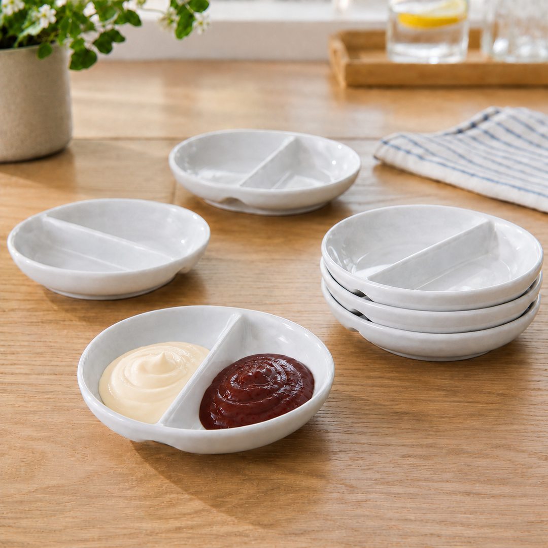 6 x Runde Saucenschälchen Porzellan mit Unterteilung Stapelbar Shikoku (Ø 9 x 1,8cm Doppelschälchen) Sojasauce Schälchen, Sushi Schälchen, Fingerfood Gewürzschalen Dipschalen Set