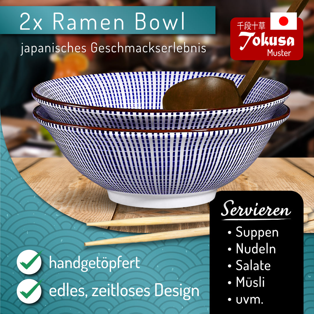 Tokusa Ramen Schalen 2er Set - 20cm Porzellan blau-weißes Linienmuster