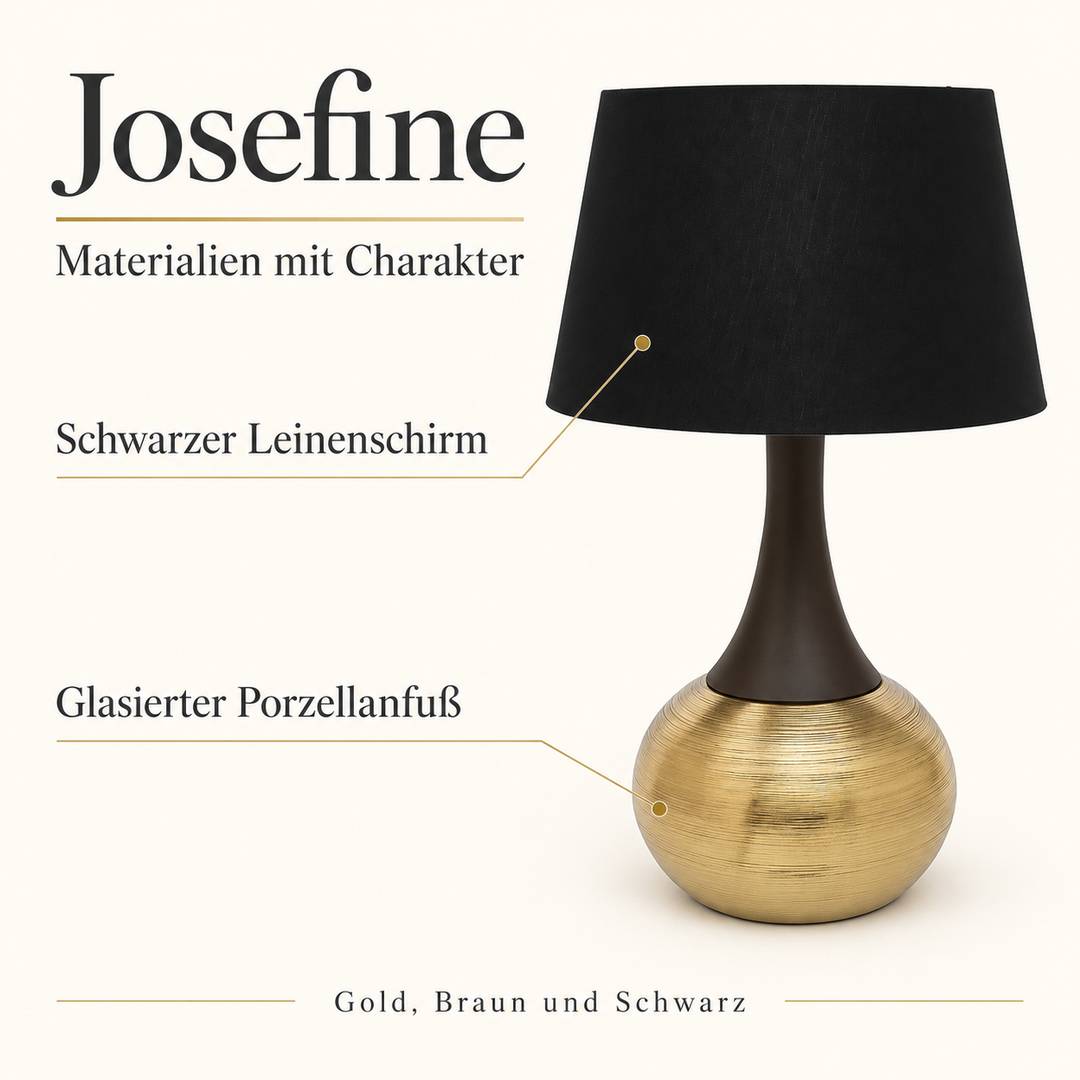 Josefine: schwarzer Leinenschirm und glasierter Porzellanfuß in Gold, Braun und Schwarz