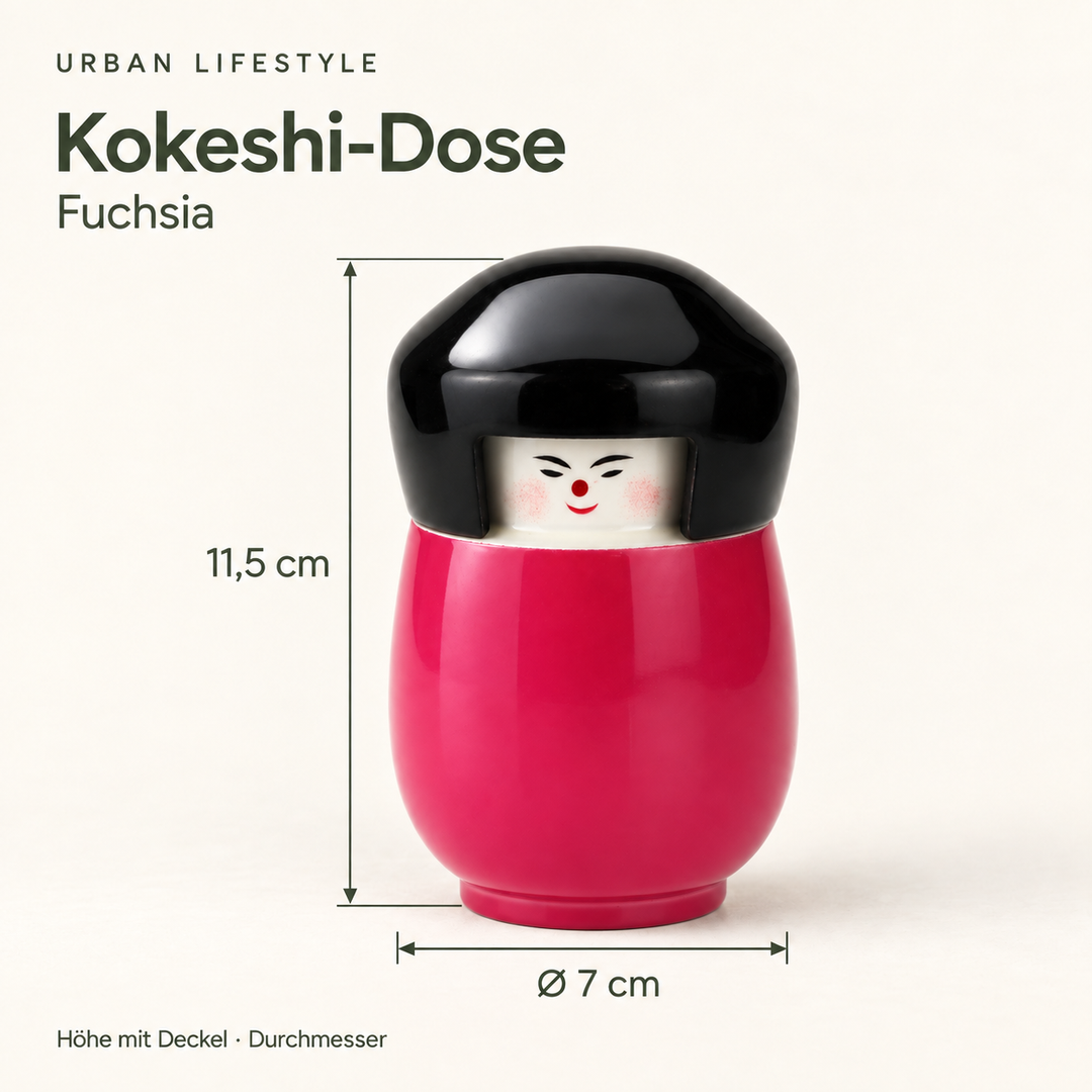 Maße der Kokeshi-Dose in Fuchsia: Höhe mit Deckel 11,5 cm, Durchmesser 7 cm