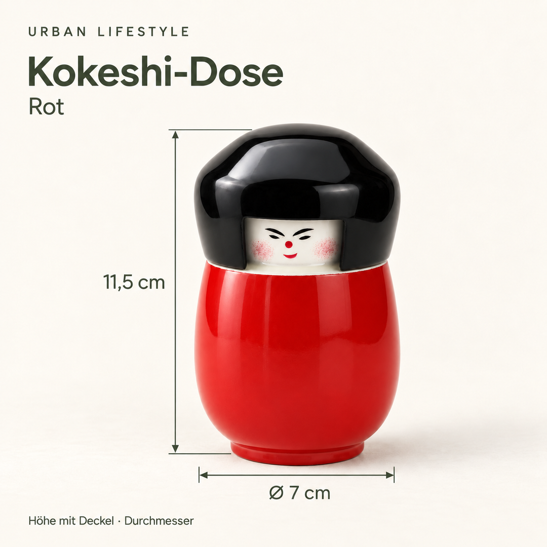 Maße der Kokeshi-Dose in Rot: Höhe mit Deckel 11,5 cm, Durchmesser 7 cm