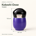 Bild in der Galerie öffnen: Maße der Kokeshi-Dose in Violett: Höhe mit Deckel 11,5 cm, Durchmesser 7 cm