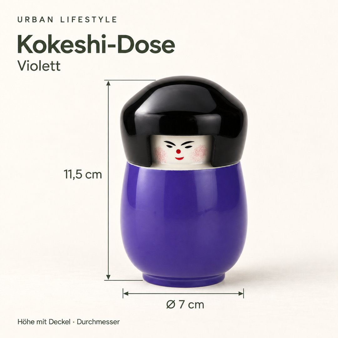 Maße der Kokeshi-Dose in Violett: Höhe mit Deckel 11,5 cm, Durchmesser 7 cm