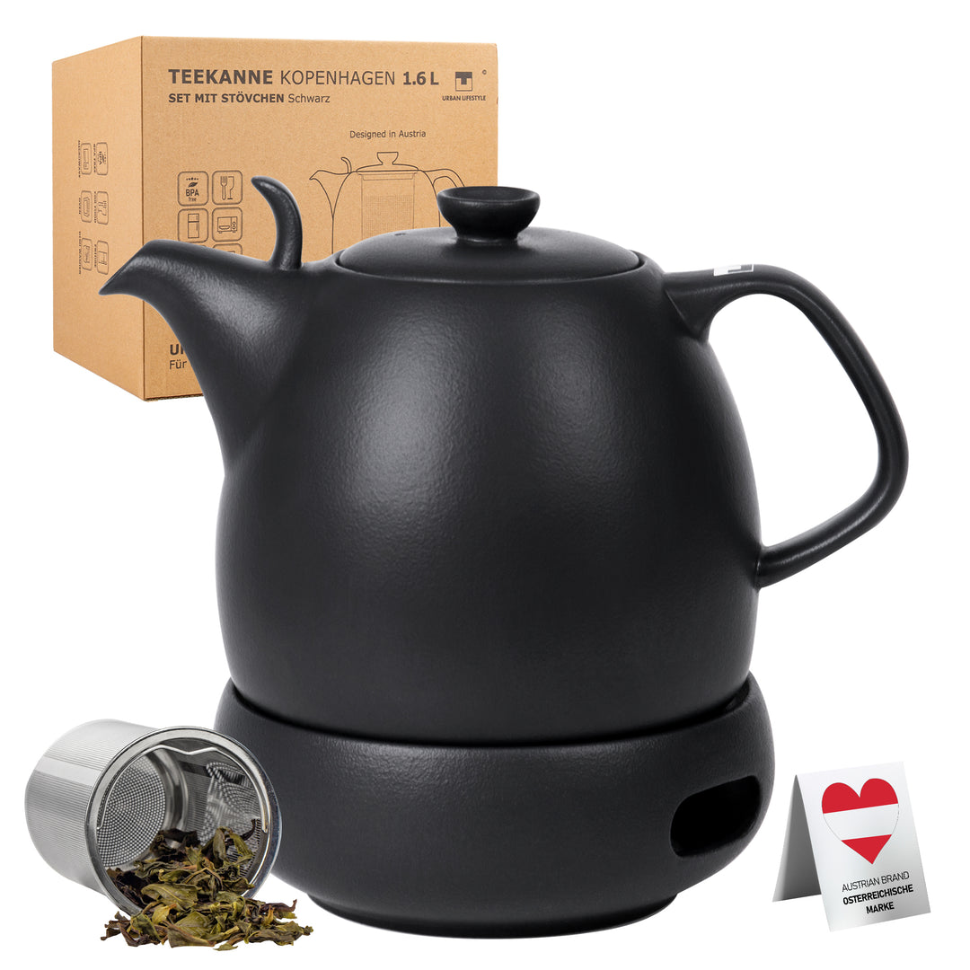 Kopenhagen Teekanne Schwarz 1,6 L aus Steinzeug mit Edelstahlsieb – skandinavisches Design