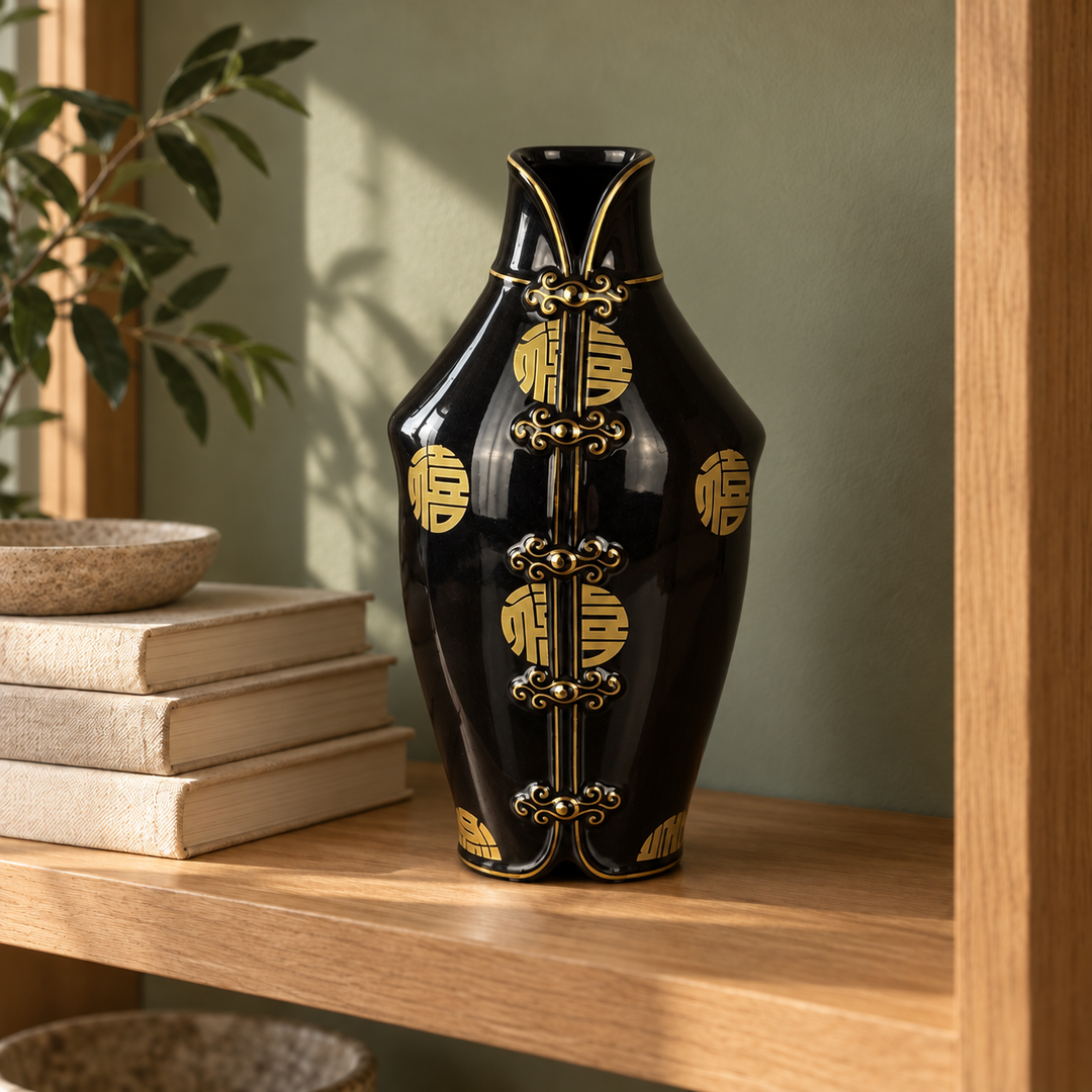 Porzellanvase Schwarz und Gold – Wohnbeispiel regal