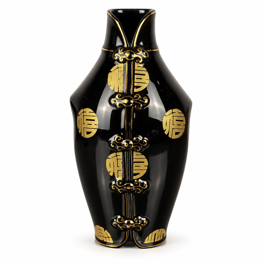 Schwarze Porzellanvase mit goldfarbenem Dekor – Vorderansicht