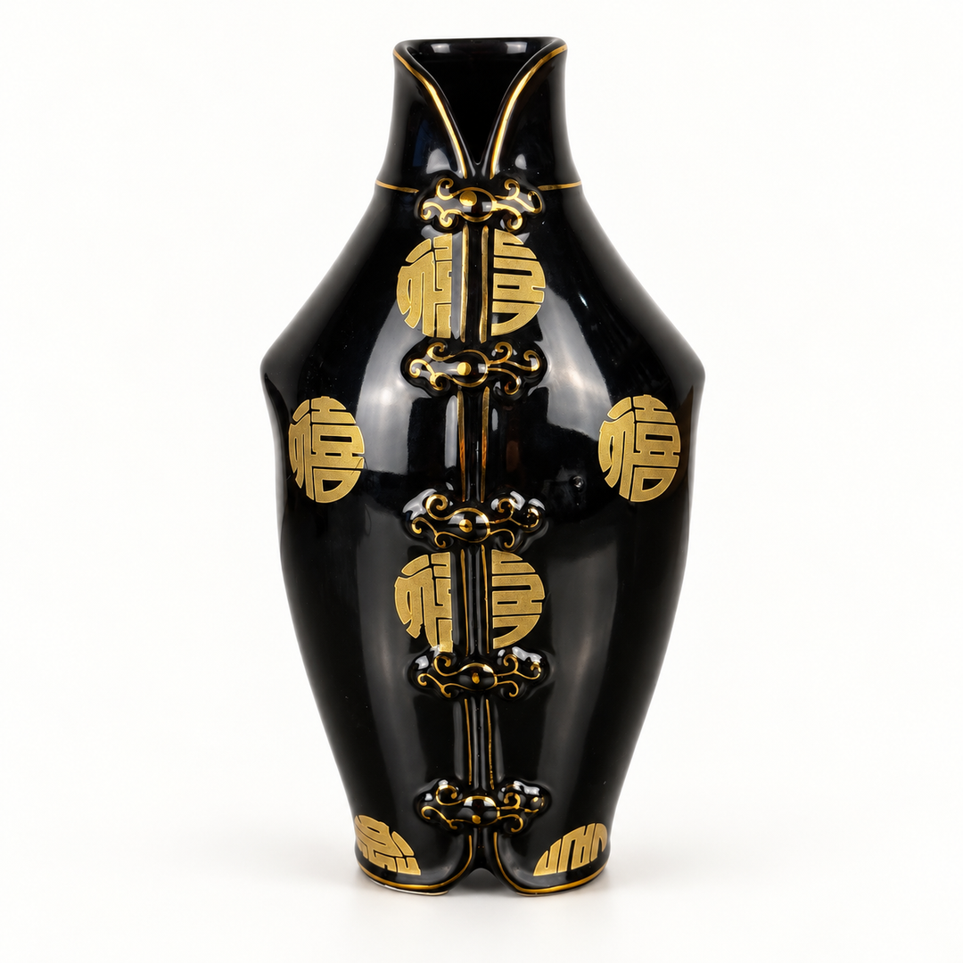 Schwarze Porzellanvase mit goldfarbenem Dekor – Frontdetail