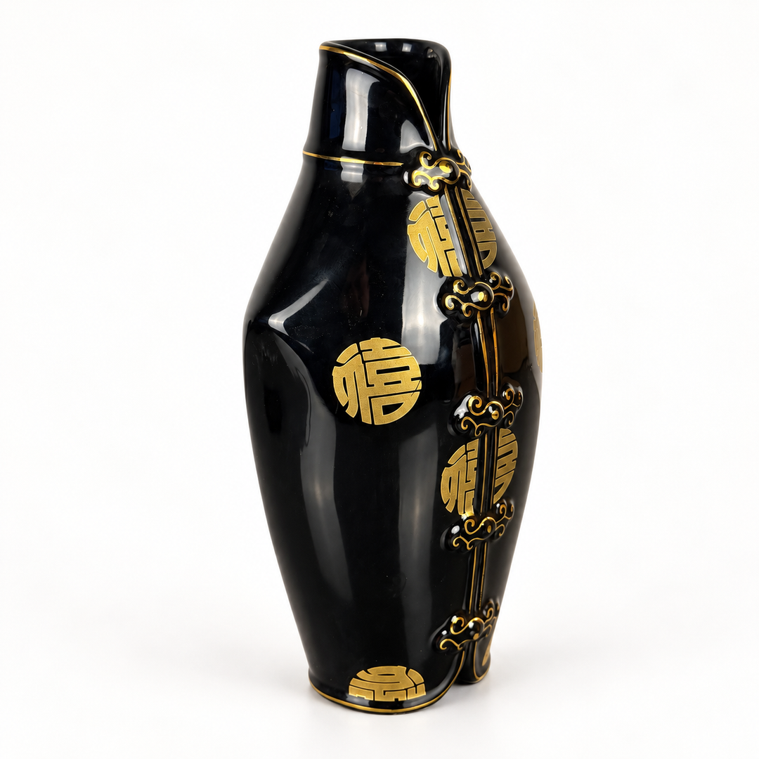 Schwarze Porzellanvase mit goldfarbenem Dekor – Linke Seitenansicht