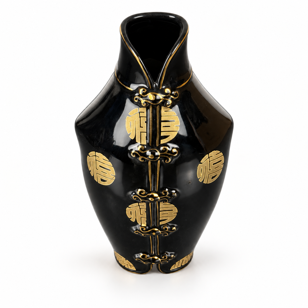 Schwarze Porzellanvase mit goldfarbenem Dekor – Ansicht von oben