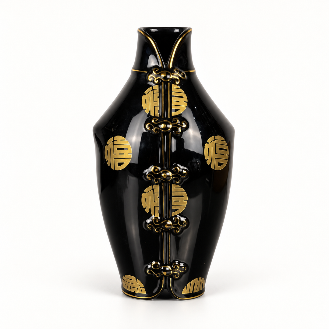 Schwarze Porzellanvase mit goldfarbenem Dekor – Gesamtansicht