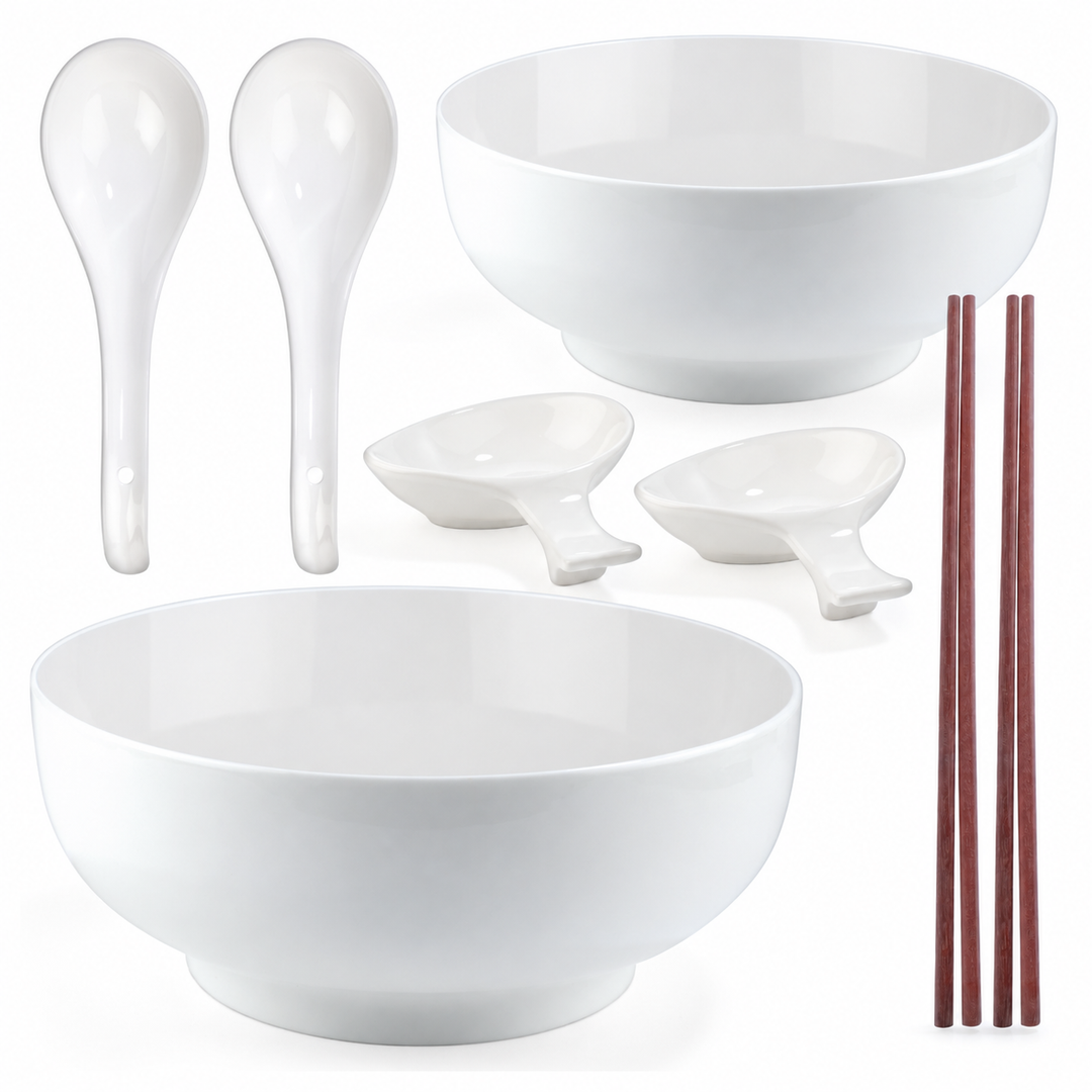 Ramen-Schüssel-Set groß – Porzellan, Weiß, Ø 20,5 cm, Komplett-Set für 2 Personen – reine Produktansicht
