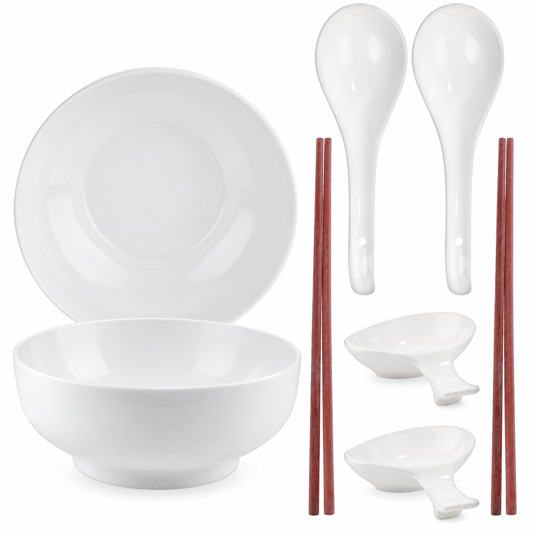 Ramen-Schüssel-Set kompakt – Porzellan, Weiß, Ø 17,5 cm, Komplett-Set für 2 Personen – reine Produktansicht