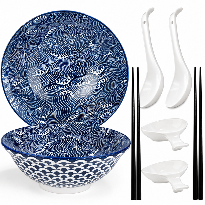 Ramen-Schüssel-Set Seigaiha – Porzellan, Ø 20,5 cm, Komplett-Set für 2 Personen – reine Produktansicht