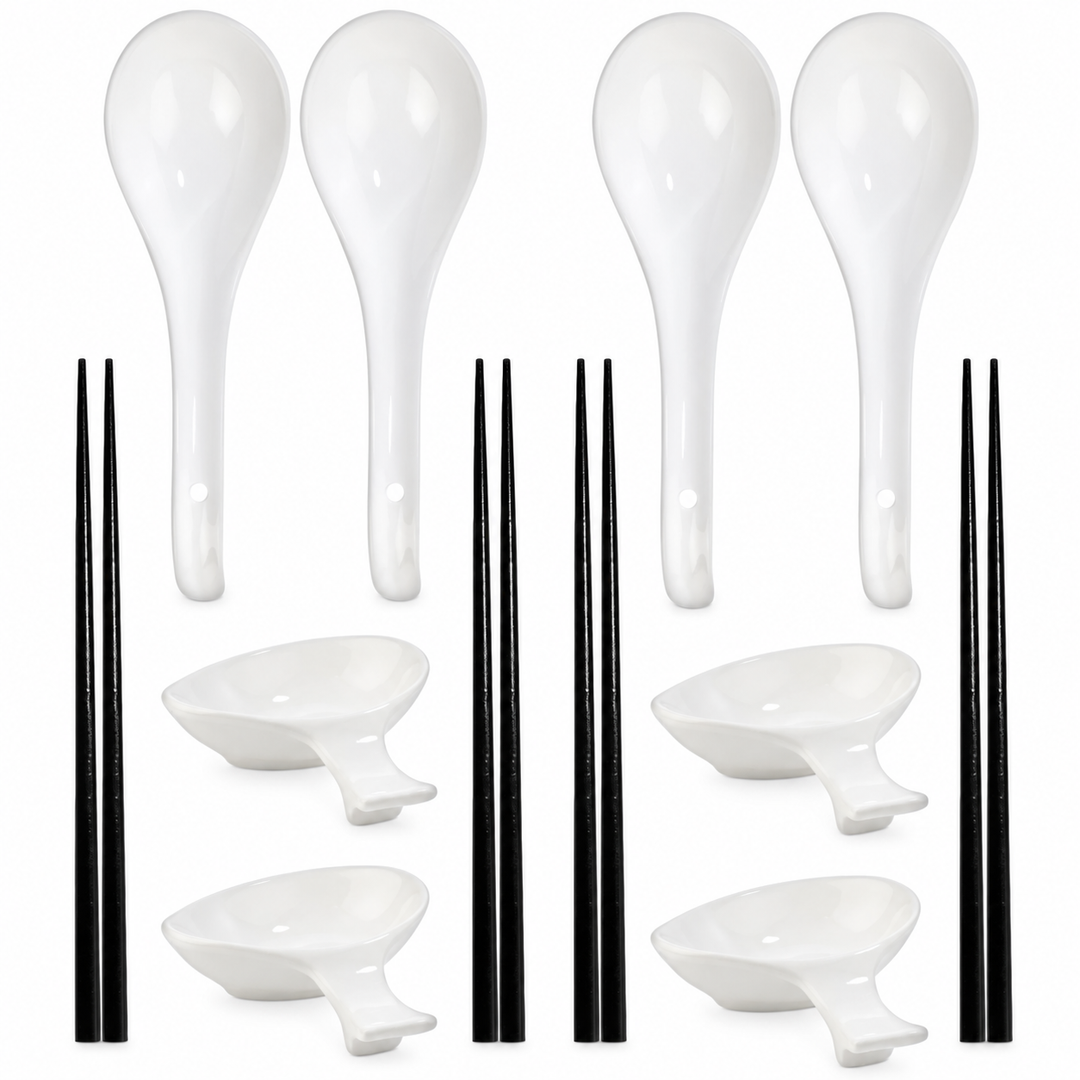 Ramen-Zubehör-Set mit Löffeln, Dipschalen & Essstäbchen – Porzellan & Holz, Weiß, für 4 Personen – reine Produktansicht
