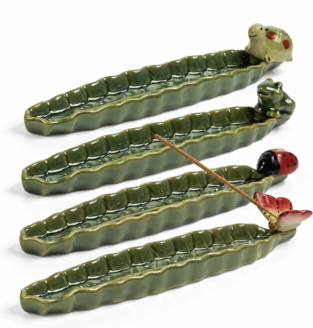 Räucherstäbchenhalter Keramik – Blattform, 4er-Set inkl. Nag Champa Räucherstäbchen – reine Produktansicht