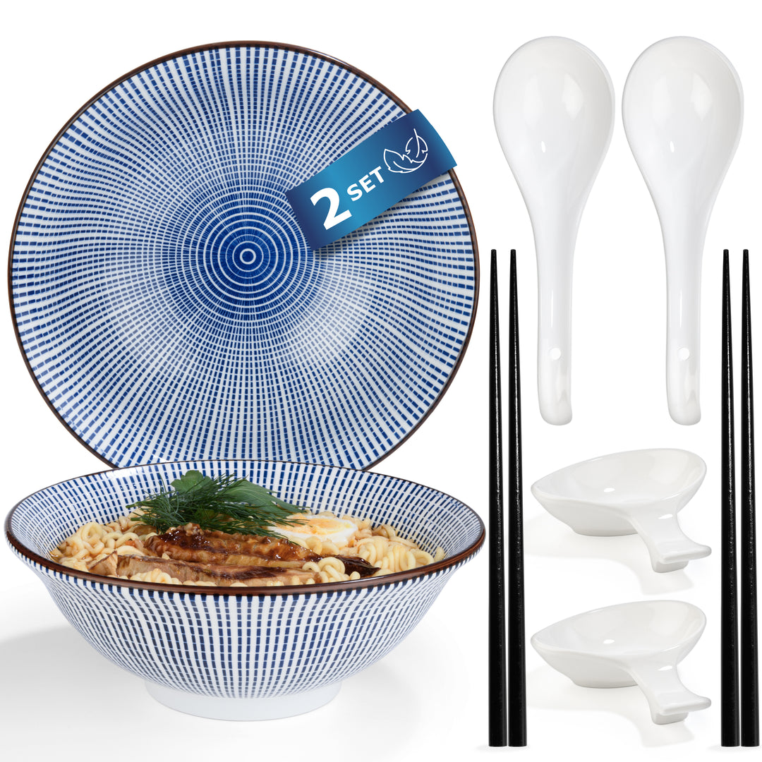 Ramen Schüssel Set Tokusa 2er aus Porzellan mit Löffeln, Dipschalen und Essstäbchen Ø 20,5 cm