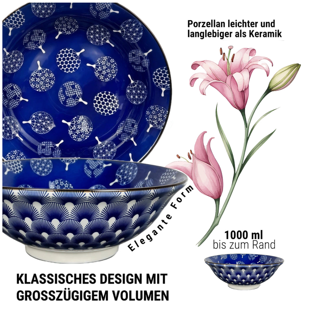 Ramen Schale aus Porzellan 20 cm blau weißes Design mit asiatischem Muster für Nudeln und Suppen