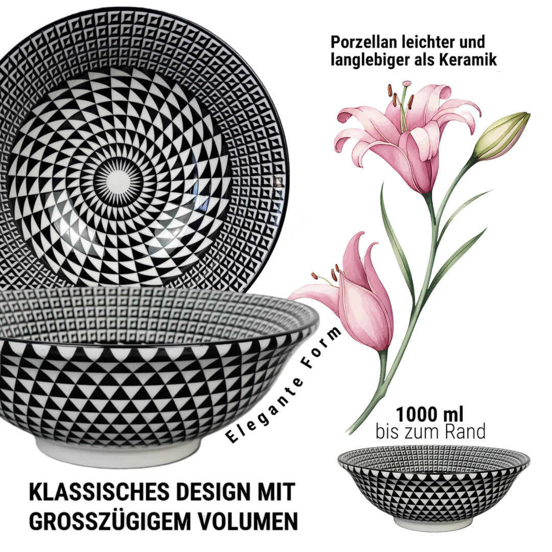 Geometrisches HISHI Muster mit radialer Tiefenwirkung in Schwarz Weiß