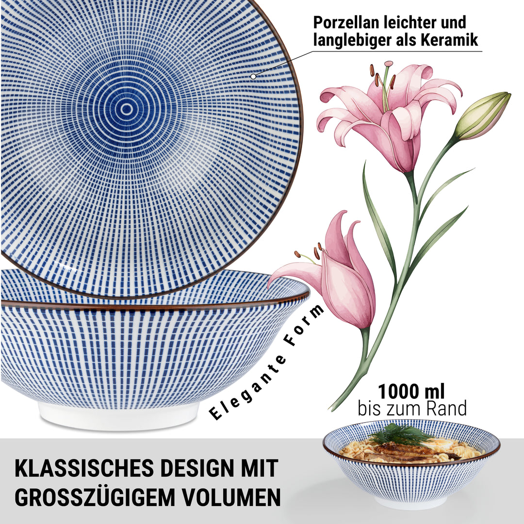 Große Ramen Schüssel Tokusa aus Porzellan mit Ramen und Brühe 1000 ml