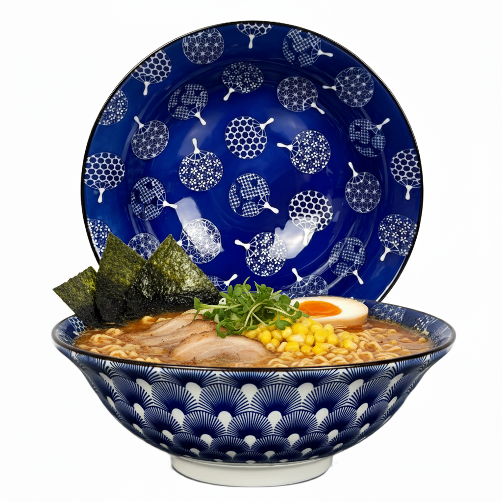 Ramen Schüssel Uchiwa 2er Set aus Porzellan 20,5 cm in blau weiß mit japanischem Muster