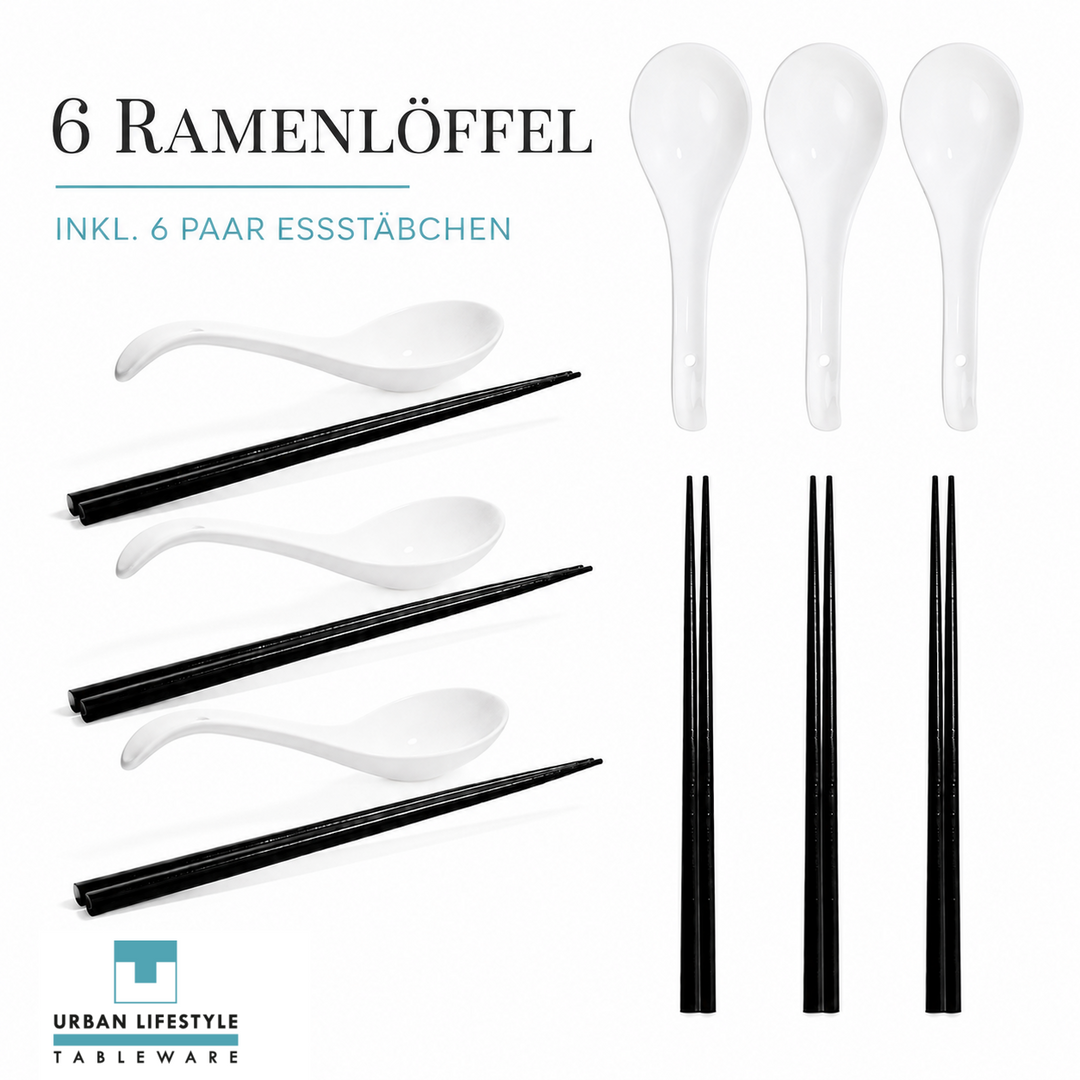 Ramen-Löffel-Set mit Essstäbchen – Porzellan, Weiß, 6er-Set