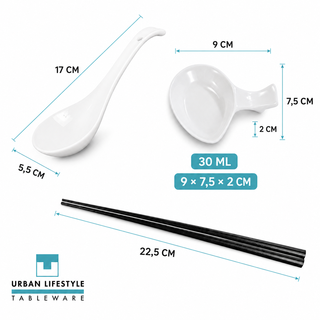 Ramen-Zubehör-Set mit Löffeln, Dipschalen & Essstäbchen – Porzellan & Holz, Weiß, für 4 Personen