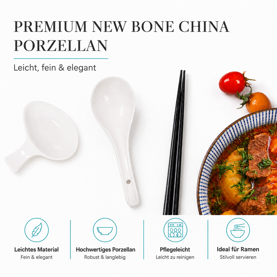 Ramen-Zubehör-Set mit Löffeln, Dipschalen & Essstäbchen – Porzellan & Holz, Weiß, für 4 Personen