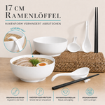 Bild in der Galerie öffnen: Ramen-Zubehör-Set mit Löffeln, Dipschalen &amp; Essstäbchen – Porzellan &amp; Holz, Weiß, für 4 Personen