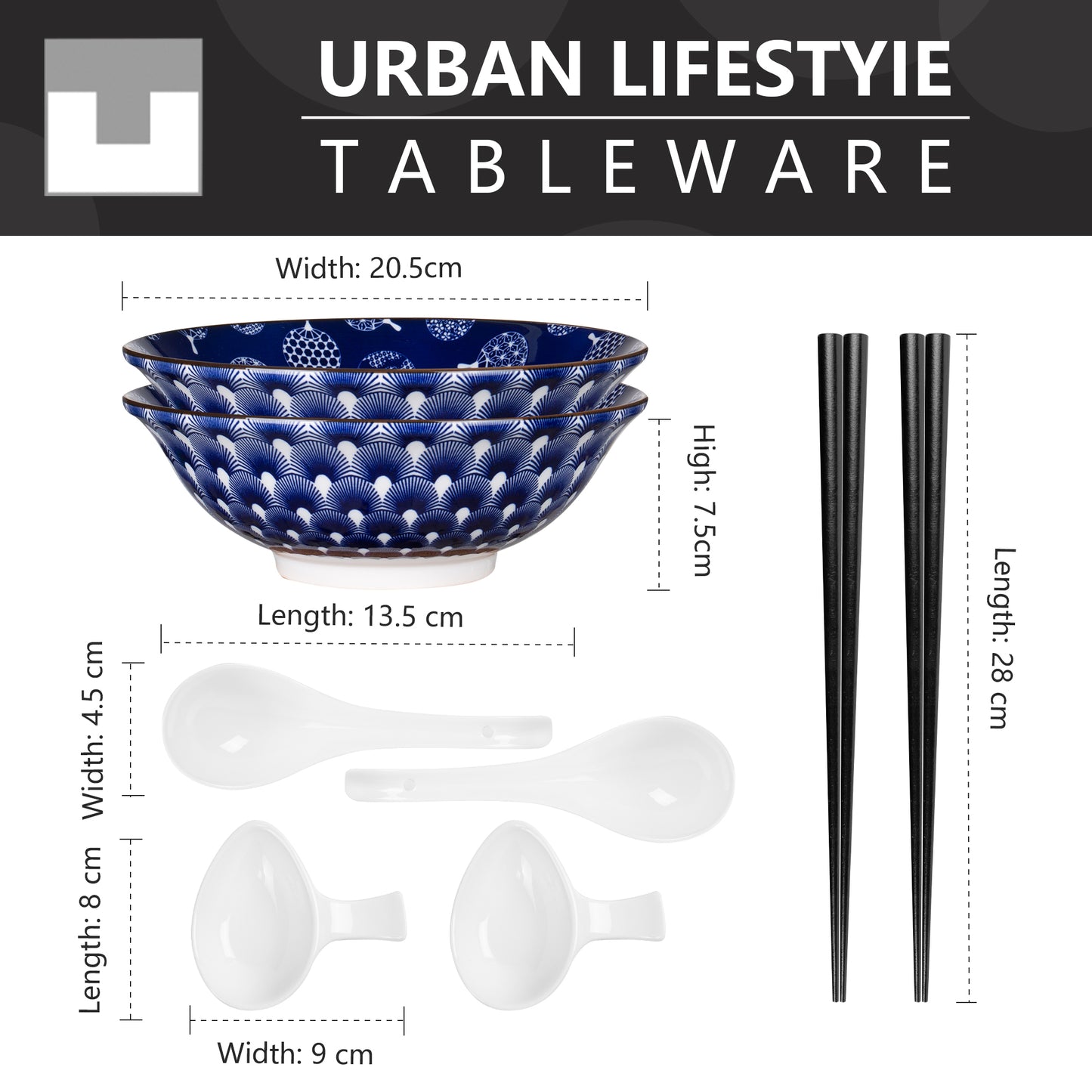 Urban Lifestyle Ramen Schüssel Dinner Set Keramik 8 Stück (Blau&weiß)