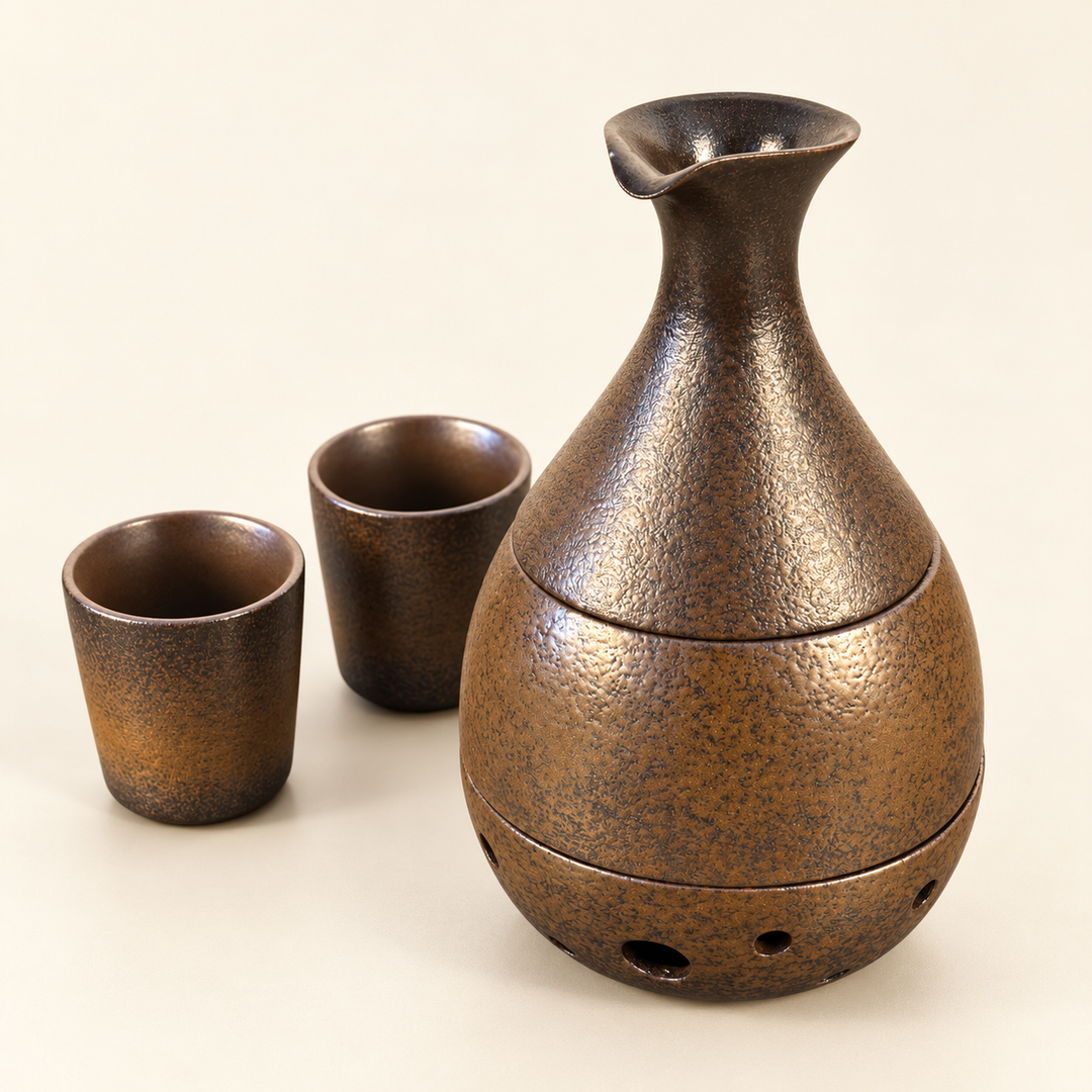 Strukturierte Oberfläche des bronzefarbenen Sake-Sets