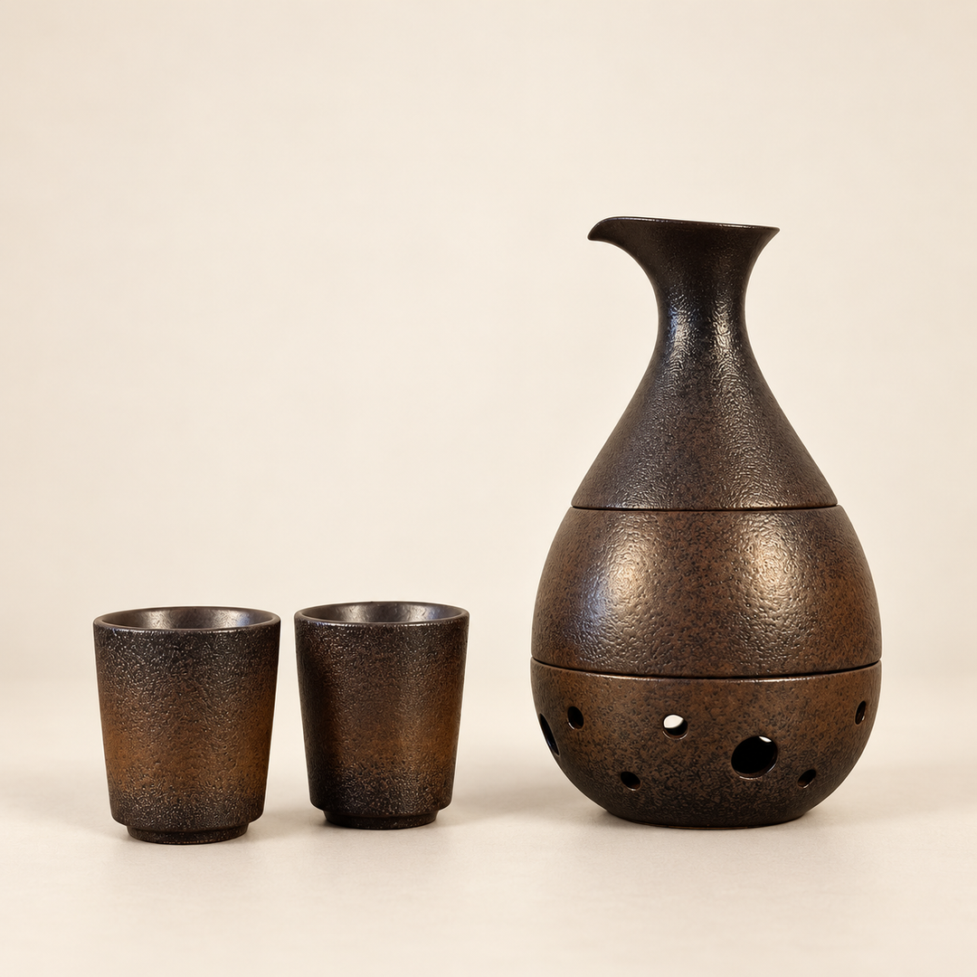 Sake-Set in Bronzeoptik mit Wärmer und zwei Bechern