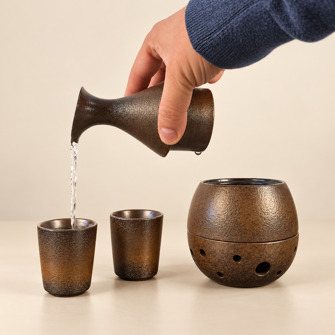 Einschenken aus der Sake-Karaffe in einen passenden Becher
