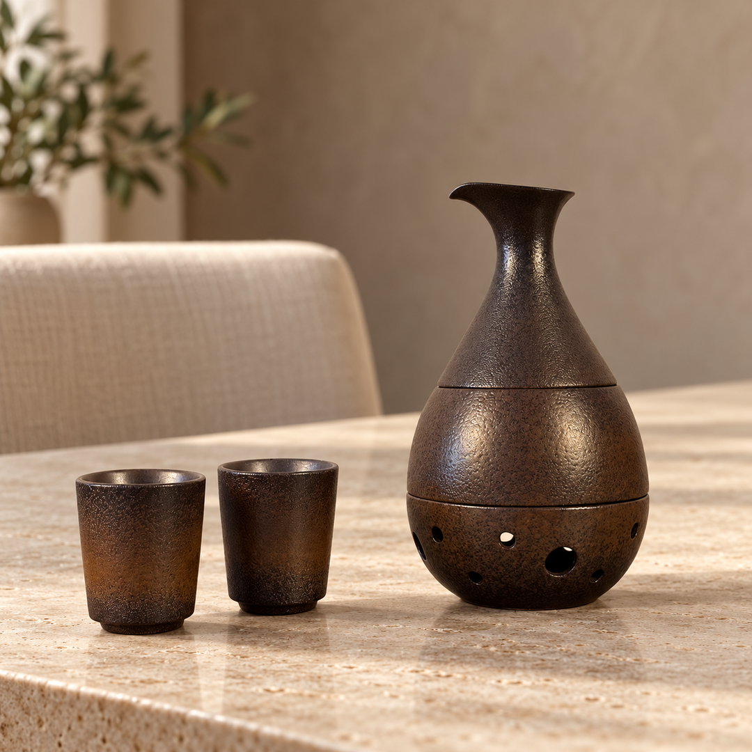 Sake-Set in Bronzeoptik auf einem hellen Steintisch
