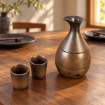 Bild in der Galerie öffnen: Bronzefarbenes Sake-Set auf gedecktem Holztisch