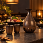 Bild in der Galerie öffnen: Keramik-Sake-Set beim Abendessen auf dunklem Steintisch