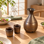 Bild in der Galerie öffnen: Sake-Set in Bronzeoptik auf hellem Eichentisch