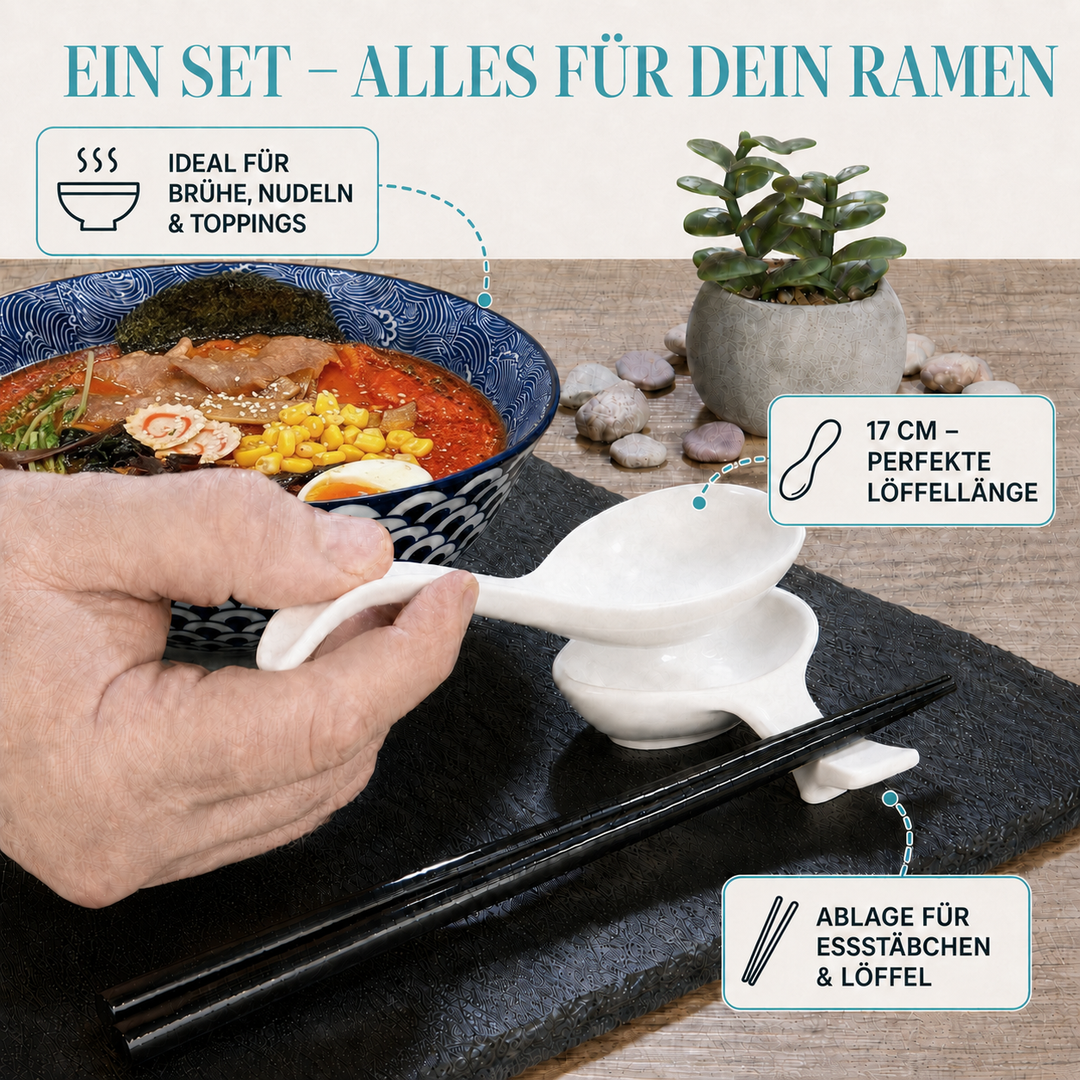 Ramen-Schüssel-Set Seigaiha – Porzellan, Ø 20,5 cm, Komplett-Set für 2 Personen