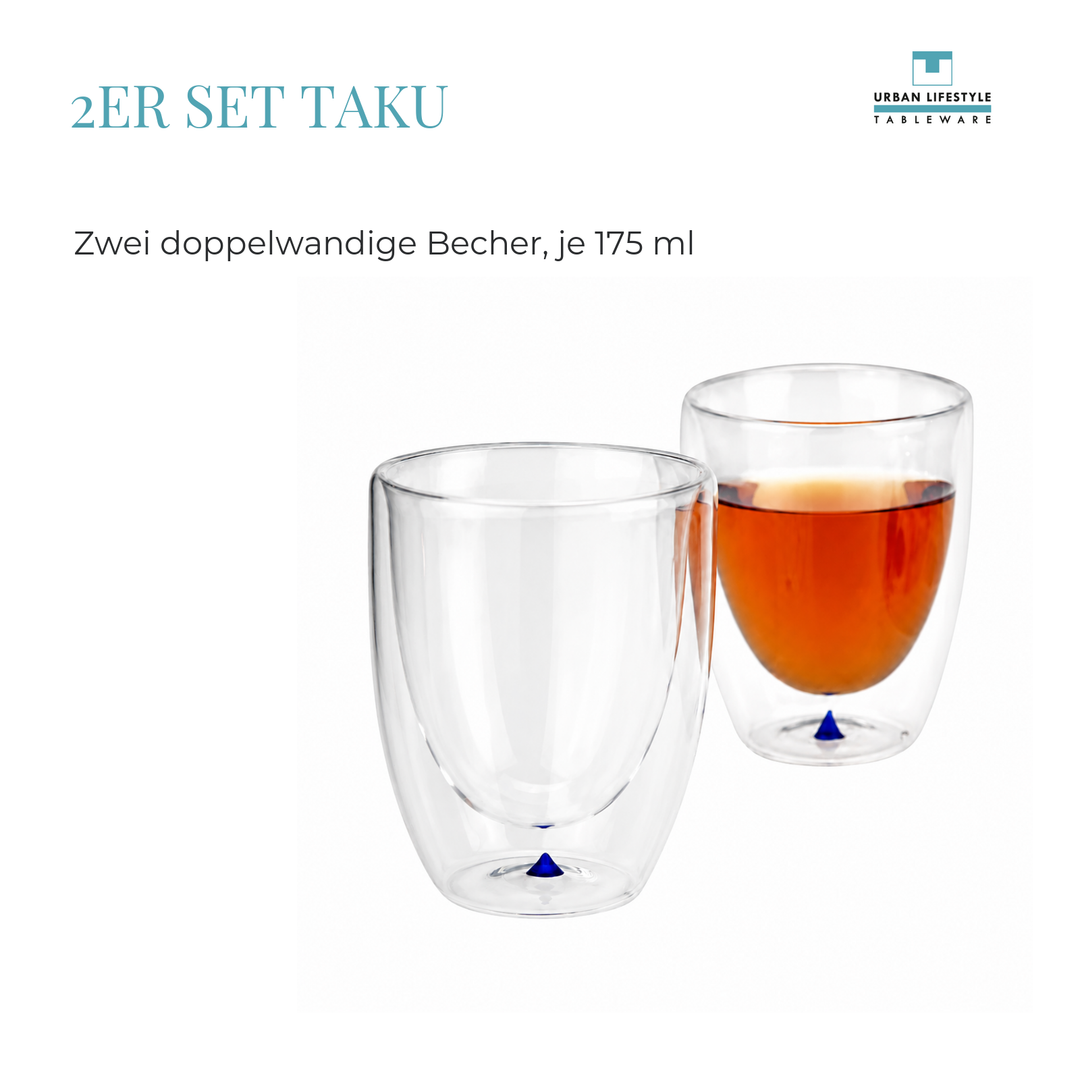 Zwei doppelwandige Taku Teegläser aus Glas mit warmem Tee