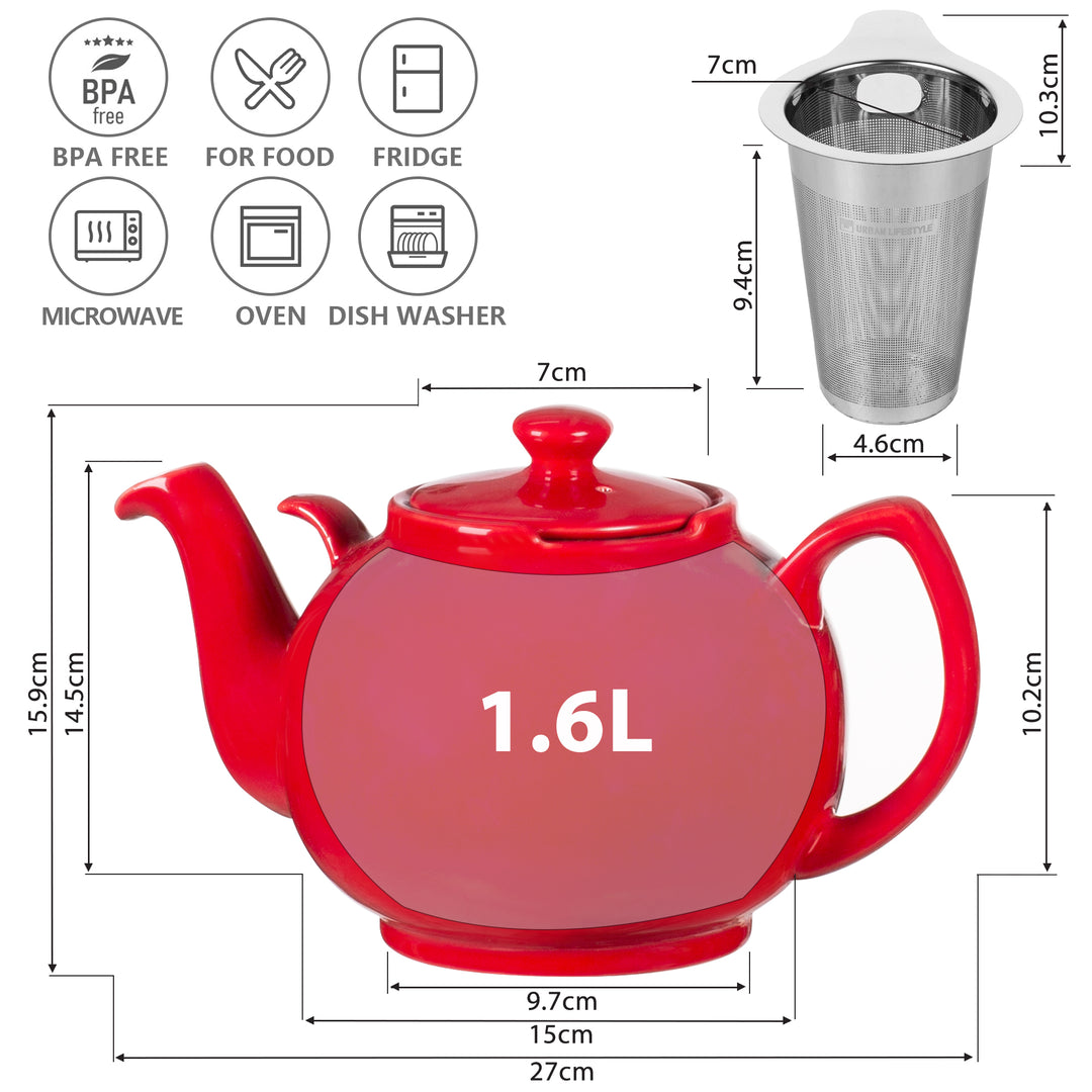 Handgefertigte rote Keramik Teekanne Liverpool 1,6L - mit Edelstahlsieb für losen Tee