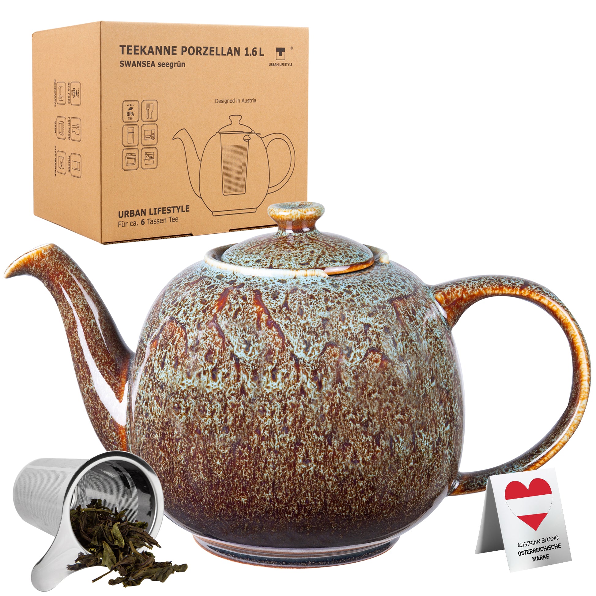 Seegrüne Swansea Teekanne mit Edelstahlsieb – 1,6 Liter, spülmaschinenfest | Urban Lifestyle