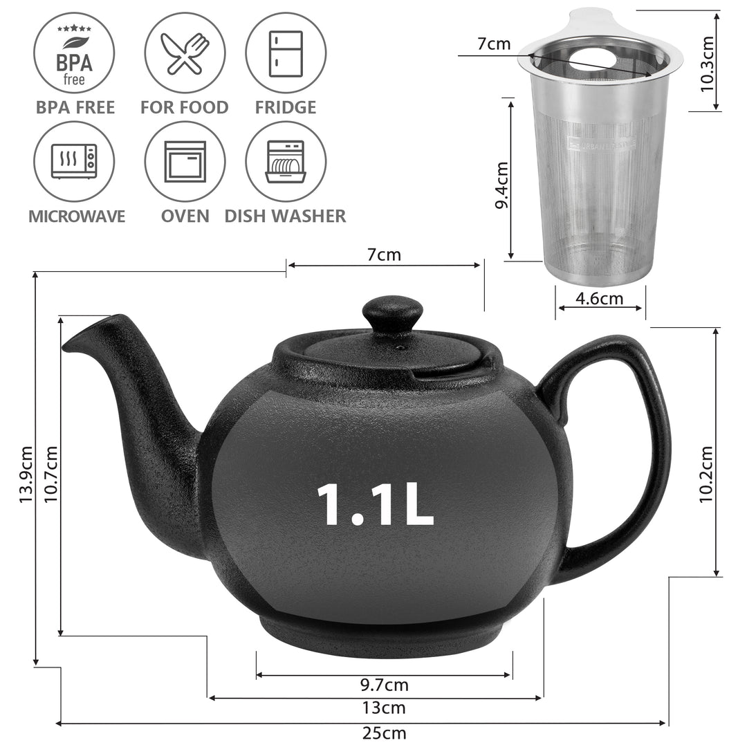 URBAN LIFESTYLE Teekanne Liverpool 1,1 L Schwarz Matt aus Steinzeug mit Siebeinsatz